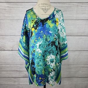 Lane Bryant Blue Green Floral and Striped Satin V-neck Tunic
